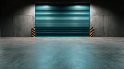 A sleek industrial garage featuring a vibrant teal shutter door, complemented by a polished concrete floor, creating a modern urban atmosphere perfect for creative projects.