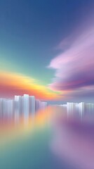 Dreamlike Cityscape at Pastel Sunset with Water Reflection