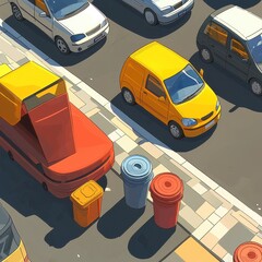 Colorful Urban Street Scene with Parked Vehicles and Trash Cans