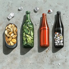 Colorful Bottles and Food Waste on Concrete Surface Background