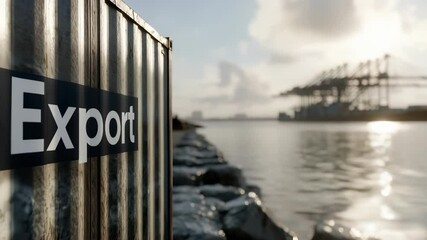 Export container process: cargo label, global route, sturdy crate, trade pathway, sealed shipment, freight move, transport link, customs zone, logistics chain, economic flow, shipping track transit