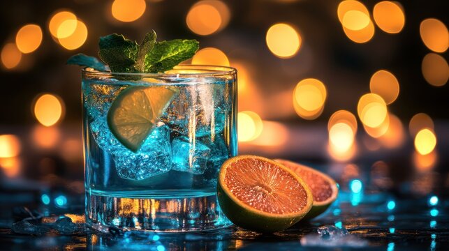 Blue cocktail, ice, lime, mint, festive lights, bar, night, drink, menu