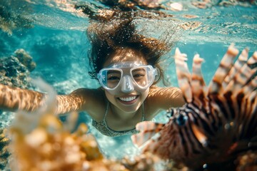 Marine life hazard. Venomous lionfish and happy joy teenager girl swims among the corals. Venomous jellyfish warning. Encounter with venomous lionfish while snorkeling. Swimming in risky wat.