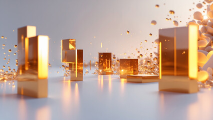 Abstract golden cubes with floating elements in a modern minimalist and artistic 3d rendering