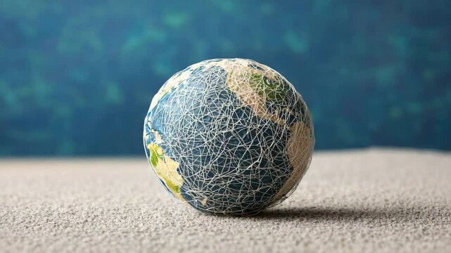 Environmental conservation, eco friendly and sustainable concept. A globe model wrapped with tangled string symbolizes global interconnectedness and complexity.