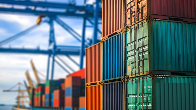 Stacked shipping containers at busy port with cranes, global logistics and supply chain transportation concept, international trade and cargo import export business