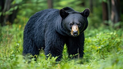 Majestic black bear emerges from the lush wilderness habitat