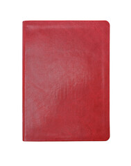 A thick vintage book with a red leather cover and golden-edged pages is placed horizontally on a white background.