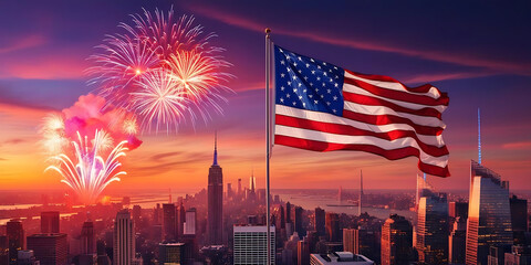 Vibrant sunset over New York City with American flag and colorful fireworks