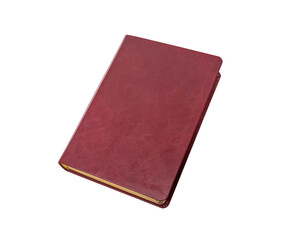 A thick vintage book with a red leather cover and golden-edged pages is placed horizontally on a white background.
