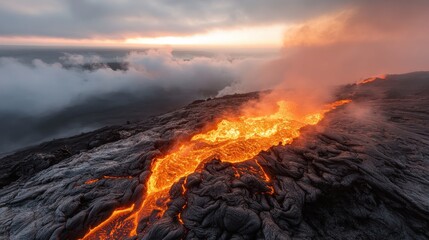 Fototapeta premium A breathtaking view of molten lava cascading down a rugged landscape as it meets the ocean, illustrating nature's power and beauty during an active volcanic eruption.