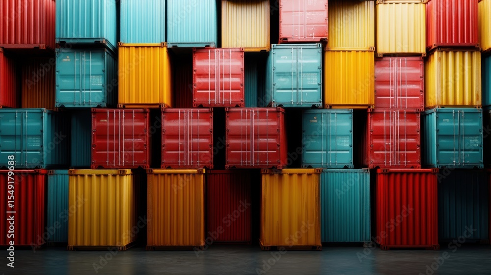 Poster a vibrant array of shipping containers stacked in various colors, showcasing the industrial aspect o