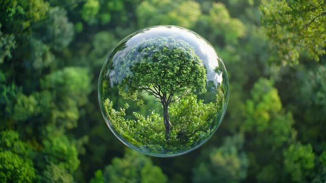 Environmental conservation, eco friendly and sustainable concept. A single tree is enclosed within a transparent sphere, symbolizing environmental protection amid a lush green forest.