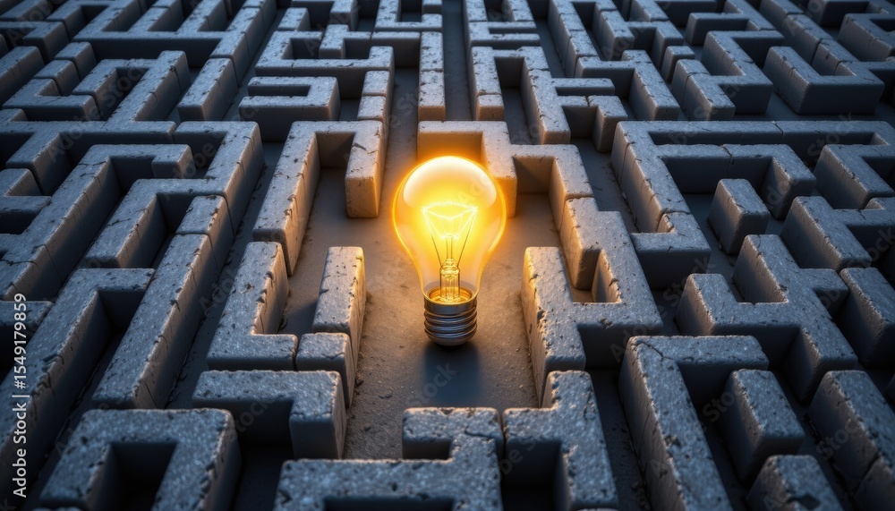 Poster light bulb illuminating pathway in complex concrete maze structure