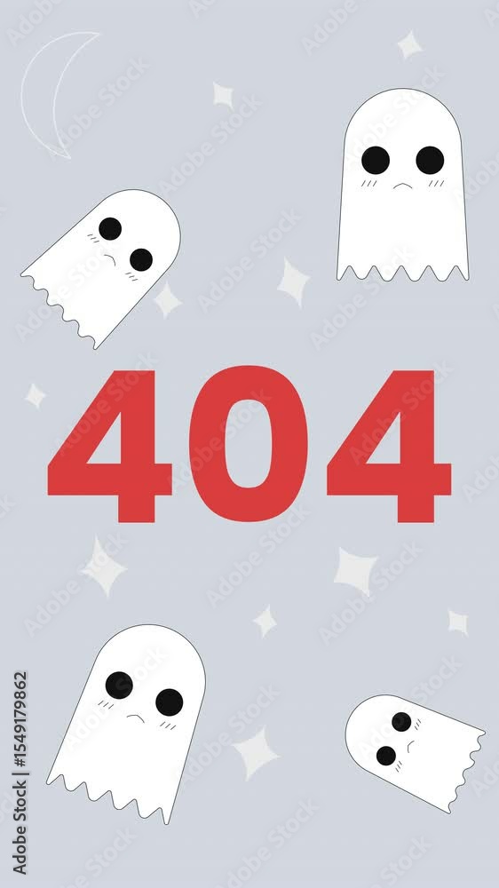 Poster 404 page not found with cute ghost characters 2d vertical animation. web design humor. app onboardin