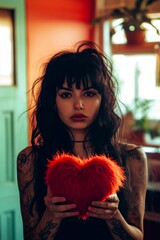 Livid face brazilian adult woman and cute valentine's day greeting. A fluffy heart in hands is a gift. Love confession letter. Red and pink decor. Valentineâ€™s date night. Sweetheart gift.