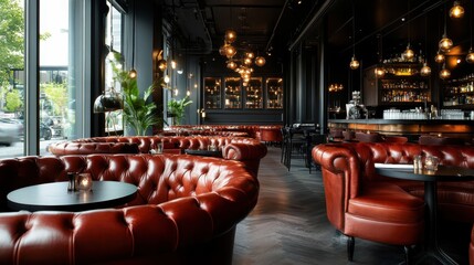 An upscale lounge featuring rich leather seating and stylish lighting, providing an inviting atmosphere for relaxation and socializing in a sophisticated urban setting.