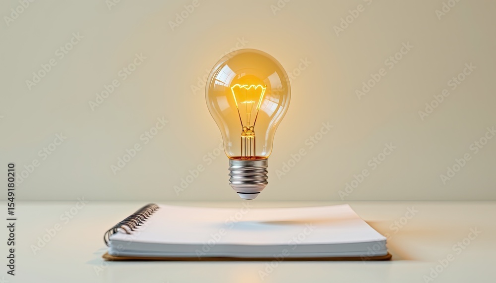 Poster light bulb glowing above blank notebook with clean background