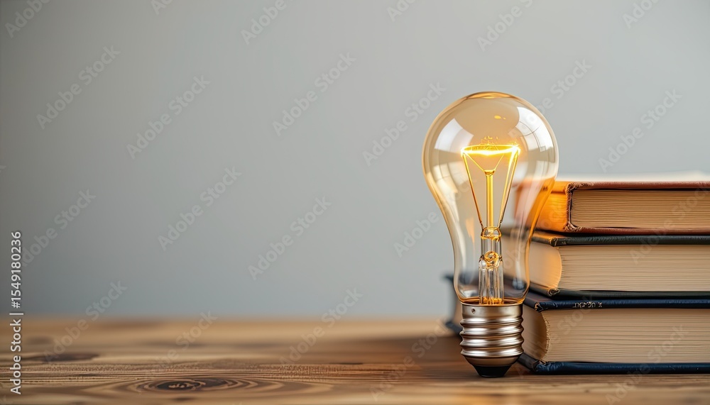Poster lightbulb next to stack of open books on wooden table surface
