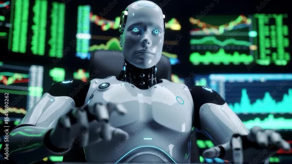 Poster futuristic robot typing in a technology control room, analyzing digital financial data with ai intel