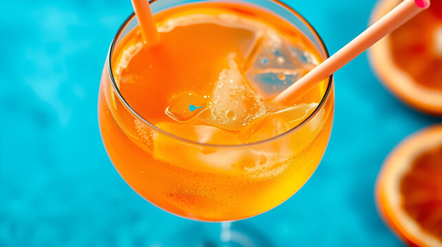 Glass of apperol spritz cocktail with orange slice and straw on blue background. Closeup of summer drink, zoom out