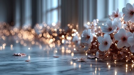 Elegant White Flowers with Soft Bokeh Lights on Marble