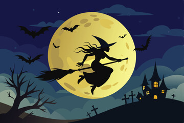 Fototapeta premium A silhouette of a witch flying on a broomstick under a full moon, surrounded by bats and a spooky haunted castle at night.