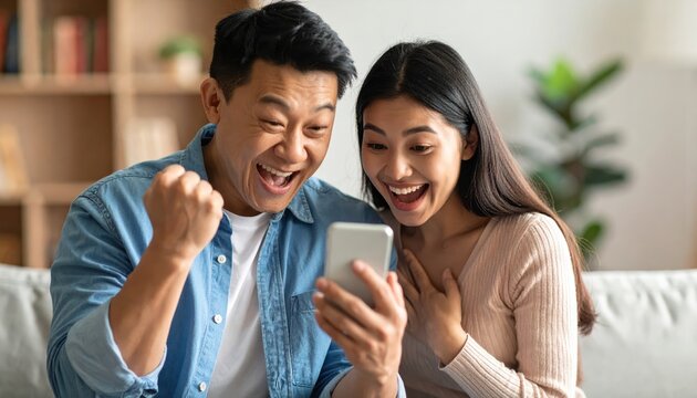 Happy couple celebrating good news while looking at a smartphone in a cozy living room setting