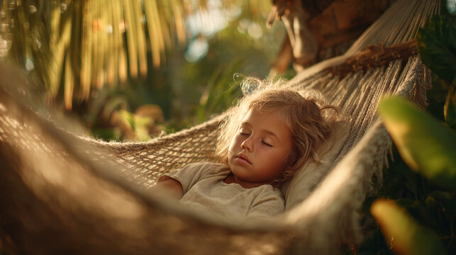 Young child sleeping peacefully in a woven hammock surrounded by tropical plants and warm natural sunlight