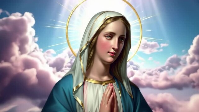 Praying virgin Mary with halo among radiant clouds, serene sky highlights devotion and faith &ndash; concept of hope and spirituality
