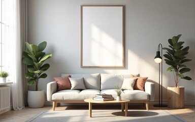 Frame mockup, ISO A paper size. Living room wall poster mockup. Interior mockup with house background. Modern interior design. 3D render. High quality