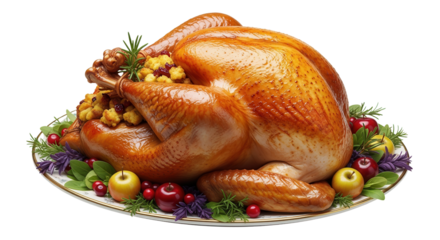 Roast turkey garnished with fruit on a platter isolated PNG with Transparent Background