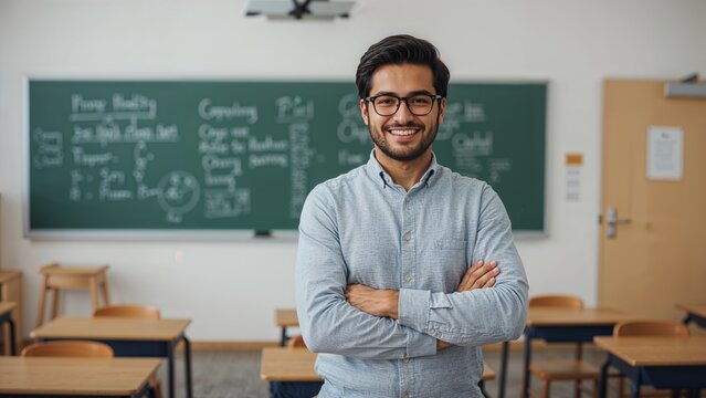 Young male teacher smiling confidently in a classroom