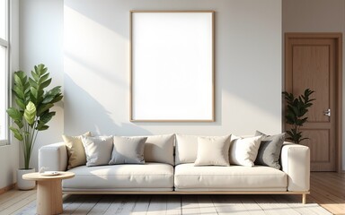 Frame mockup, ISO A paper size. Living room wall poster mockup. Interior mockup with house background. Modern interior design. 3D render. High quality