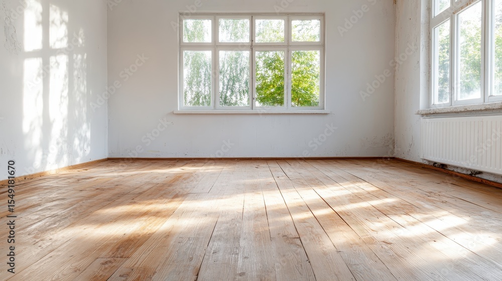 Poster an empty, minimalist room featuring large windows that let in natural light, offering a sense of tra