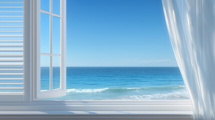 Bright, serene ocean scene viewed from a white open window with sheer curtains gently blowing in a seaside breeze.