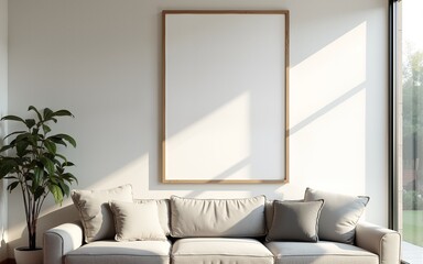 Frame mockup, ISO A paper size. Living room wall poster mockup. Interior mockup with house background. Modern interior design. 3D render. High quality