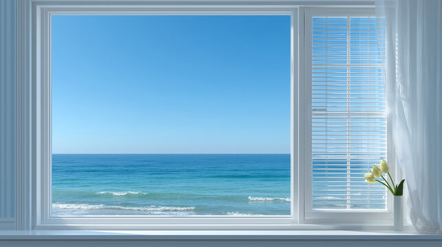 Fototapeta Serene seascape seen through a large white window with blinds and sheer curtains, accented by white tulips on the sill.