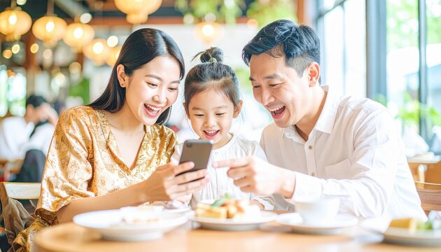 Family enjoying together time in a cafe, looking at a smartphone with smiles and happy expressions, casual dining atmosphere