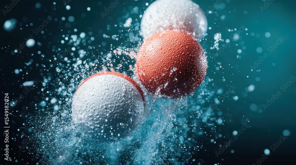 Poster a dynamic photograph captures sports balls splashing through water, creating a stunning visual effec