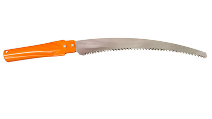 A curved pruning saw with an orange handle and sharp serrated blade designed for cutting branches...