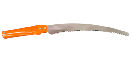 A curved pruning saw with an orange handle and sharp serrated blade designed for cutting branches and woody plants.