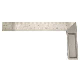 A stainless steel carpenter's square with clear inch and centimeter markings, featuring a...
