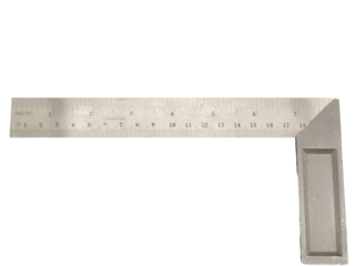 A stainless steel carpenter's square with clear inch and centimeter markings, featuring a right-angle design for precise measuring and woodworking tasks.