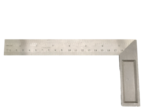 A stainless steel carpenter's square with clear inch and centimeter markings, featuring a right-angle design for precise measuring and woodworking tasks.
