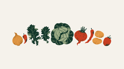 Fresh vegetables collection. Cabbage with kale and beetroot with potatoes. Textured retro style. Vector illustration