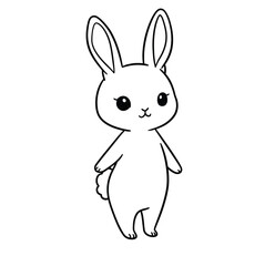 Obraz premium Chibi bunny drawing. It is a black and white outline image of a chibi bunny, an adorable, small-sized rabbit with oversized eyes, standing. Vector sketch line art draw.