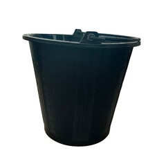 A black plastic bucket with a round shape and a sturdy rim, designed for carrying or storing...