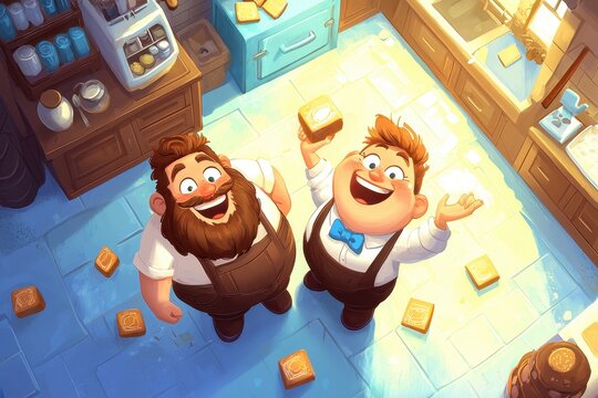 Cheerful Bakers in a Cozy Kitchen with Golden Loaves of Bread