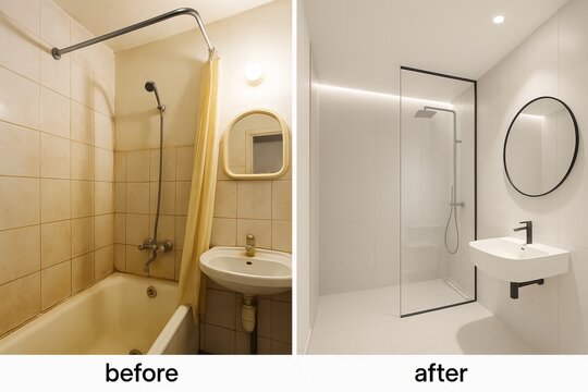 Side-by-side comparison of an old, outdated bathroom and its modern renovation featuring a minimalist, clean, and bright design.